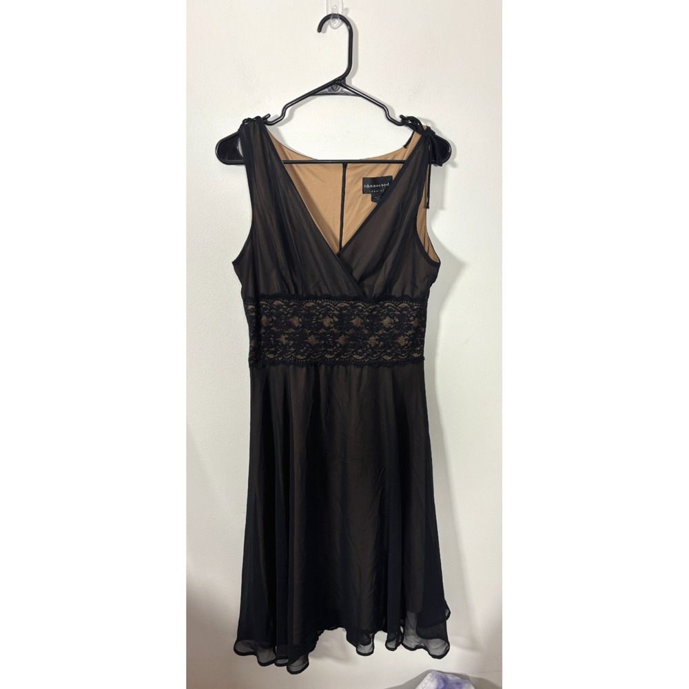 Connected Apparel Black Dress Lace Waist Champagne Nude Lining Size 12 Y2K Sheer